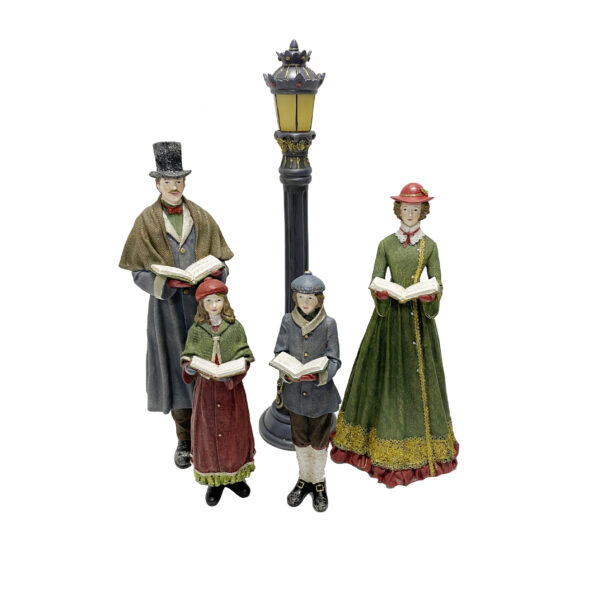 CORO 4 PERSONAGGI CON LAMPIONE CON LED IN POLIRESINA